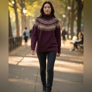 Tommy Hilfiger Aubergine and Tan Turtleneck Fair Isle Sweater in med